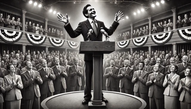 DALL·E 2024-12-18 11.17.23 - A politician standing at a podium, delivering a speech with exaggerated gestures. The expression on the politician's face is insincere, with a forced